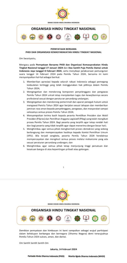 Ini 6 Poin Pernyataan dan Imbauan Bersama 9 Organisasi Keagamaan Hindu untuk Pemilu Damai