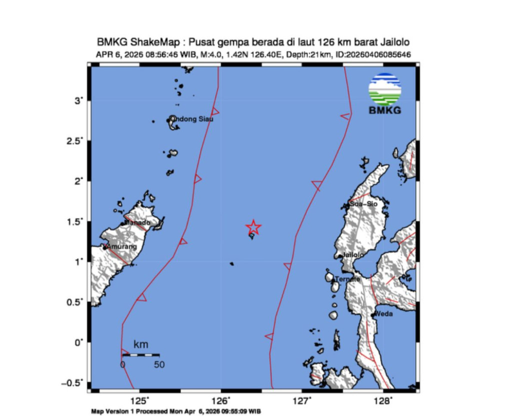 Gempa M4,0 Dirasakan di Batang Dua, Pusat Gempa di Laut Barat Jailolo