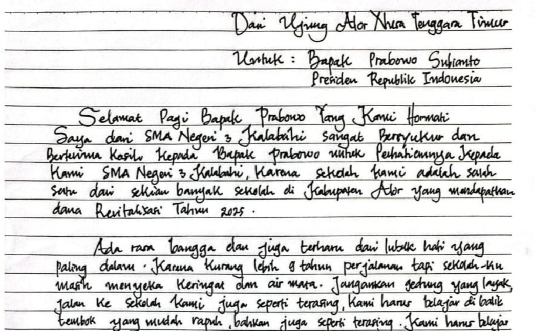 Siswi SMAN 3 Kalabahi Kirim Surat Haru untuk Presiden Prabowo Usai Sekolah Direvitalisasi