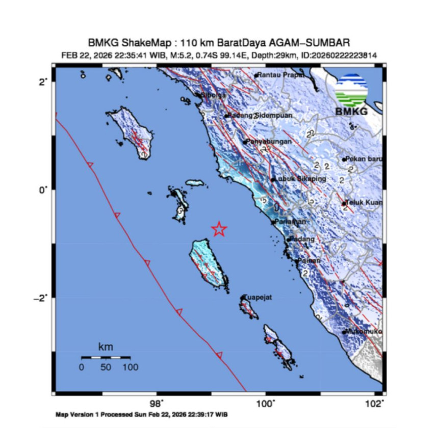 Gempa M 5,2 Guncang Barat Daya Agam, Sumbar, Tidak Berpotensi Tsunami