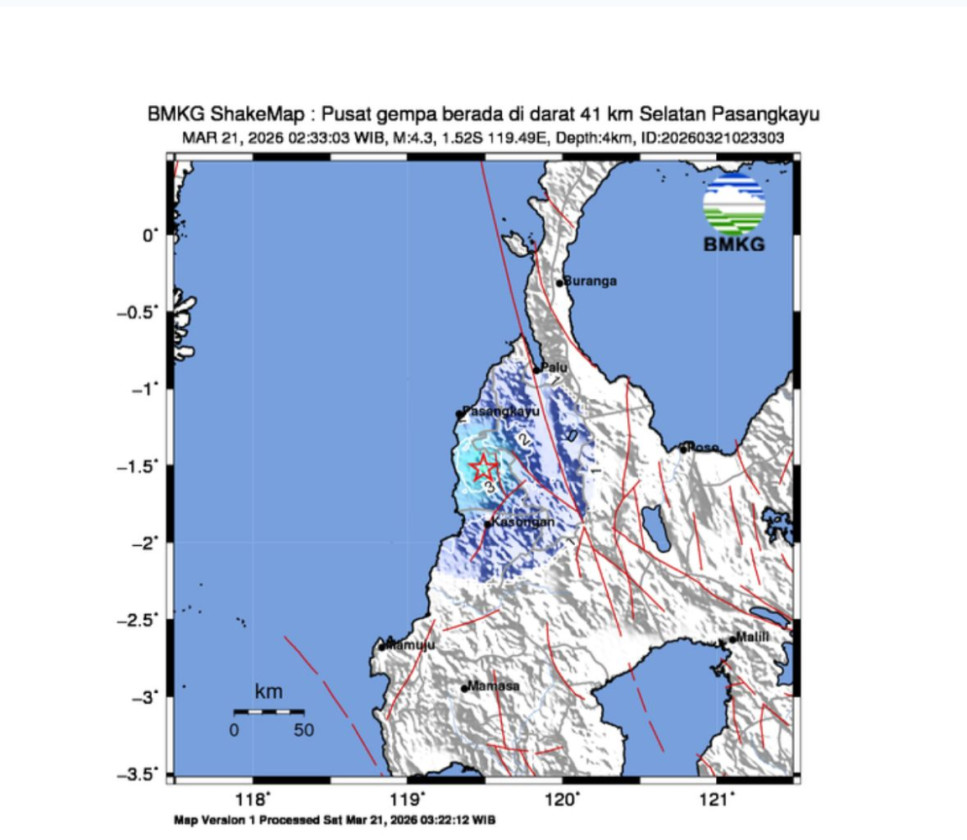 Gempa Magnitudo 4,3 Guncang Pasangkayu Dini Hari