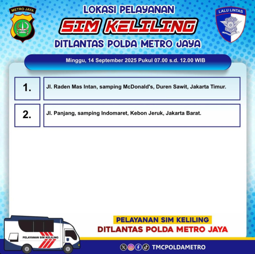 Layanan SIM Keliling Polda Metro Jaya Hari Ini Hanya Tersedia di Jaktim dan Jakbar