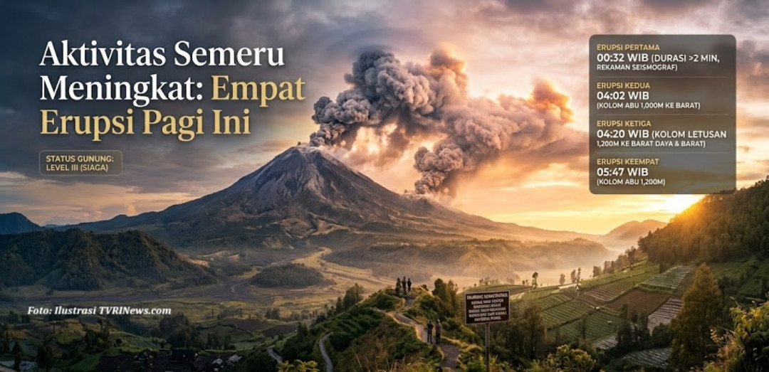 Empat Kali Erupsi, Aktivitas Gunung Semeru Meningkat Pagi Ini