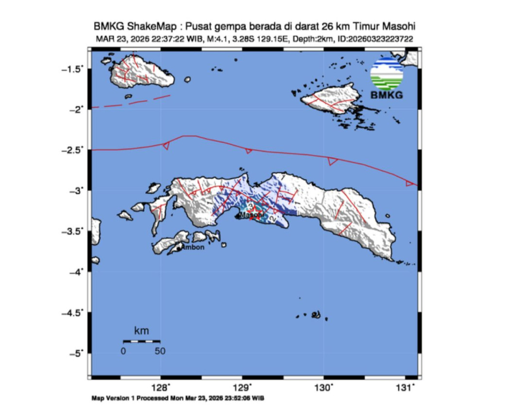Gempa Magnitudo 4,1 Guncang Timur Masohi, Dirasakan di Negeri Sepa