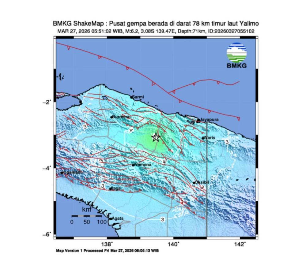 Gempa M 6,2 Guncang Timur Laut Yalimo, Dirasakan hingga Jayapura