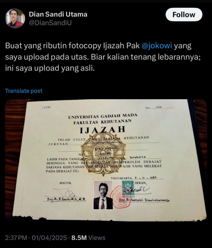 Unggah Ijazah Jokowi, Kader PSI: Saya Yakin Itu Asli