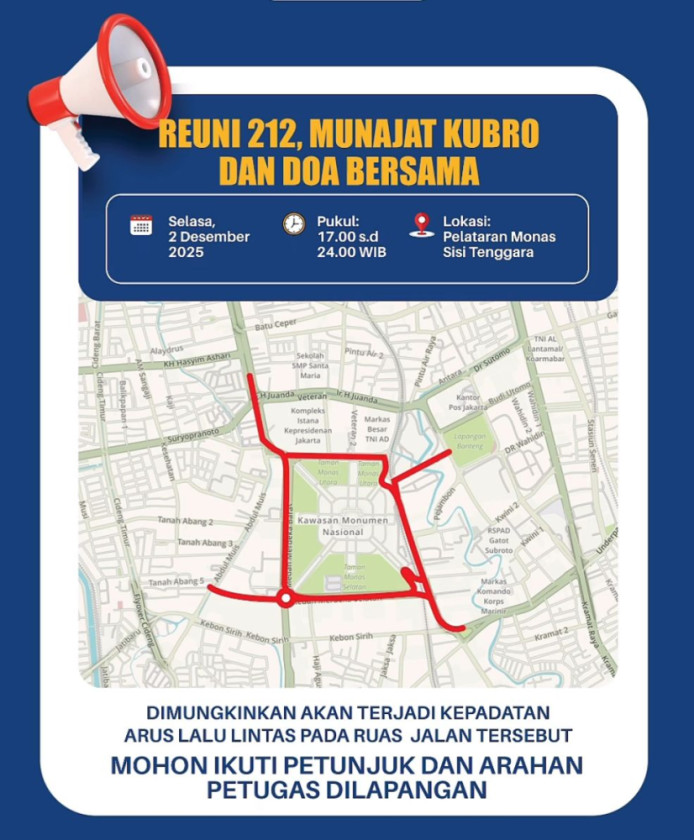 Polda Metro Siapkan Rekayasa Lalin Jelang Reuni Akbar 212 di Kawasan Monas