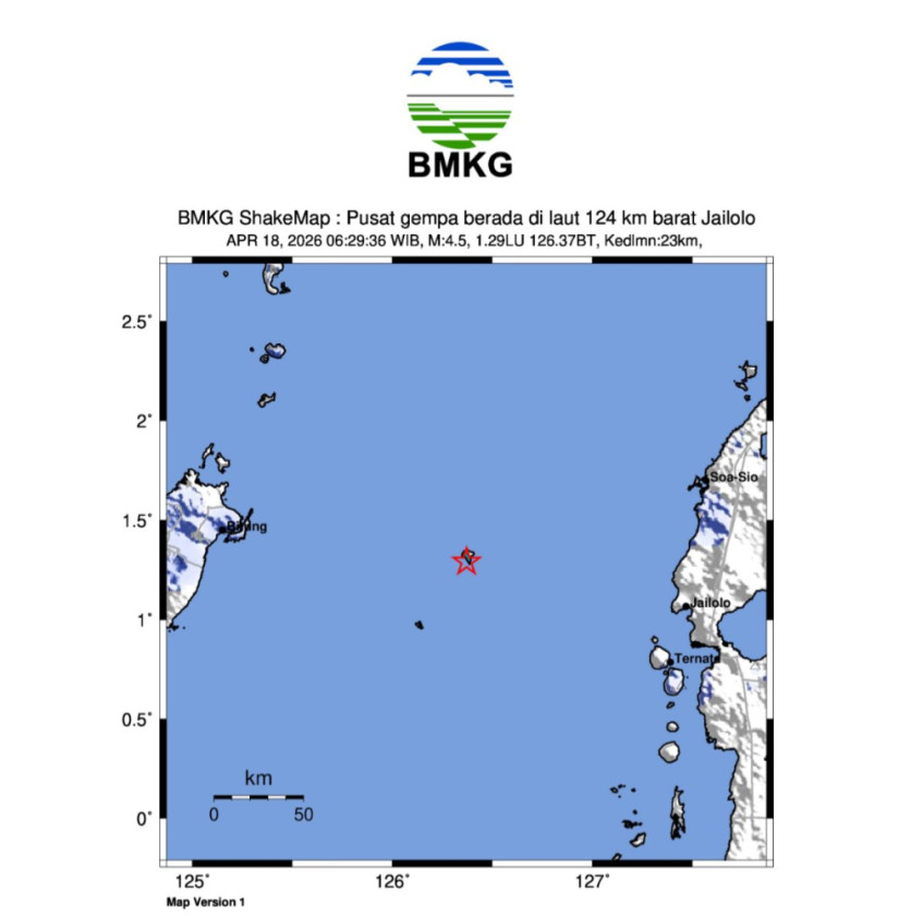Gempa M4,5 Guncang Barat Jailolo, Tidak Berpotensi Tsunami