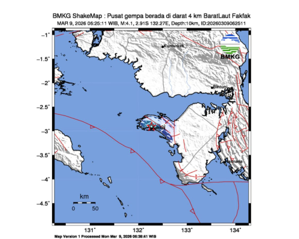Gempa M4,1 Guncang Fakfak Papua Barat, Getaran Terasa Hingga Skala IV MMI
