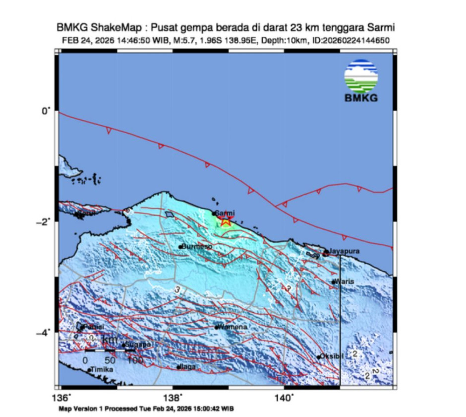 Gempa M5,7 Guncang Sarmi Papua, Getaran Terasa hingga Jayapura