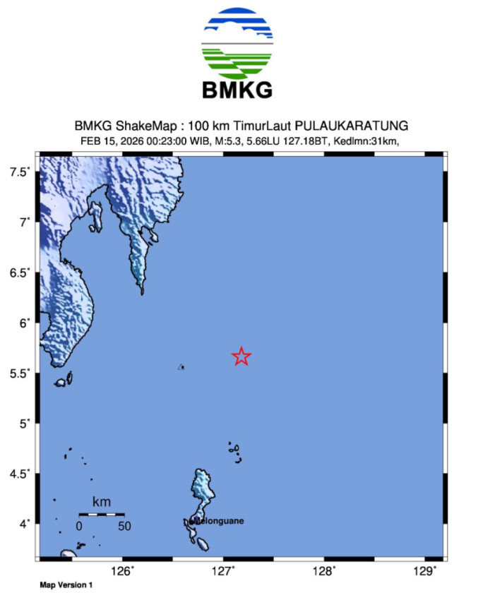 Gempa M5,4 Guncang Timur Laut Pulau Karatung, Tidak Berpotensi Tsunami