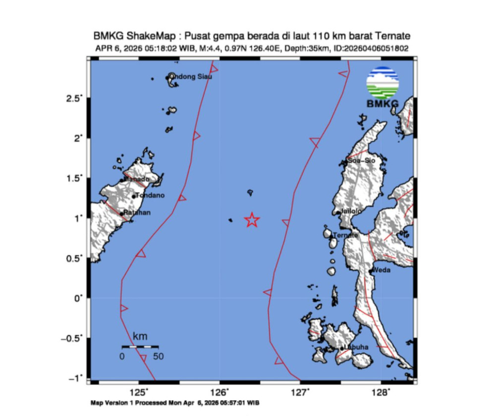 Gempa M4,4 Guncang Barat Ternate, Dirasakan Skala II–III MMI