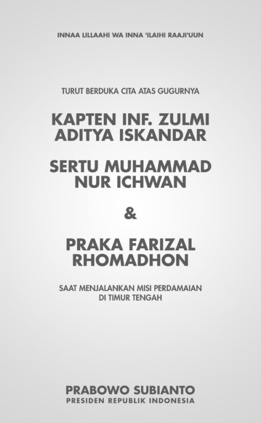 Presiden Prabowo Sampaikan Duka Cita Mendalam Atas Gugurnya Tiga Prajurit TNI di Misi Perdamaian