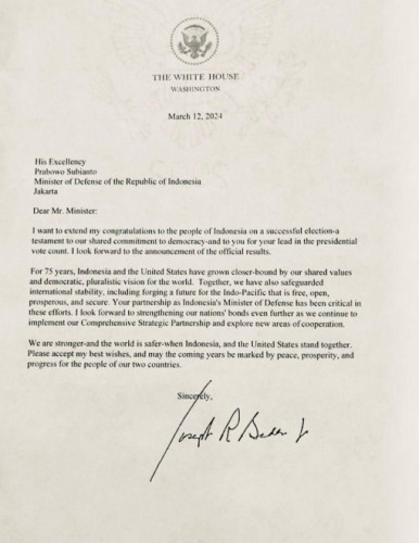 Ini Isi Surat Ucapan Selamat dari Presiden Biden untuk Prabowo 